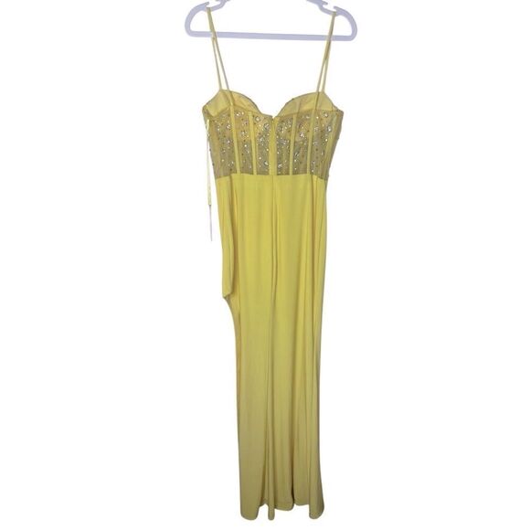 NWT MAC DUGGAL Yellow Spaghetti Strap Beaded Sheer Bodice Gown with Slit Size Sm - Picture 8 of 16